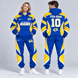 Los Angeles Rams | Premium NFL Personalized Name Number Dynamic Flame Curve Colorblock Pullover Hoodie And Matching Jogger Pants Tracksuit Set NDN cover