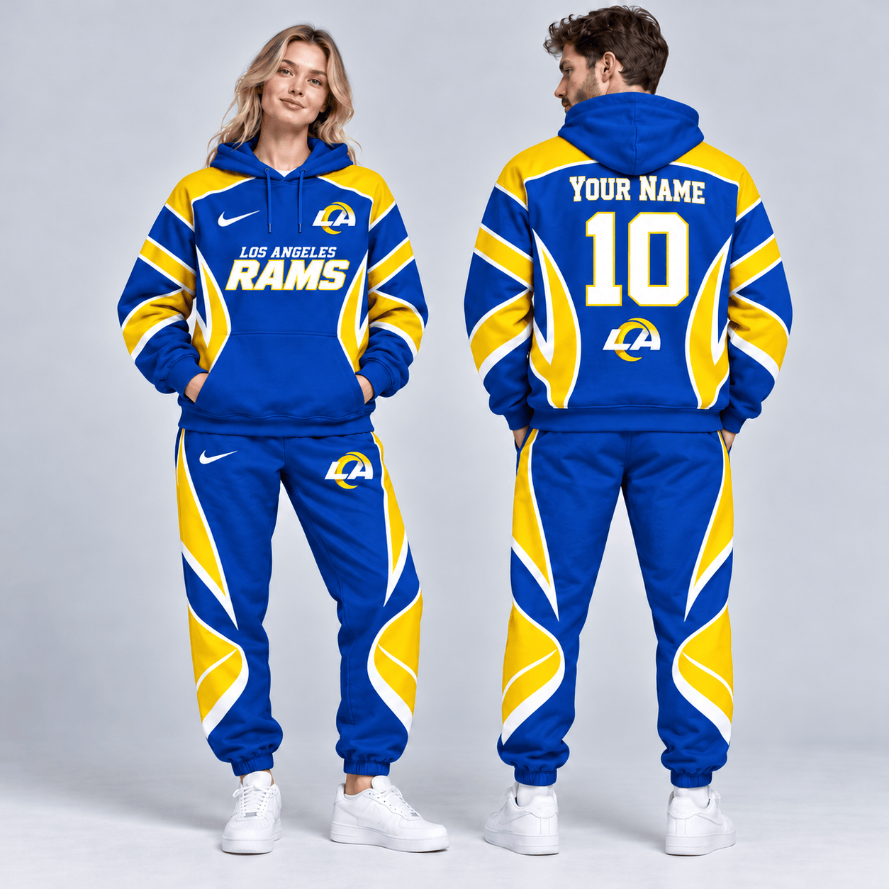 Los Angeles Rams | Premium NFL Personalized Name Number Dynamic Flame Curve Colorblock Pullover Hoodie And Matching Jogger Pants Tracksuit Set NDN cover