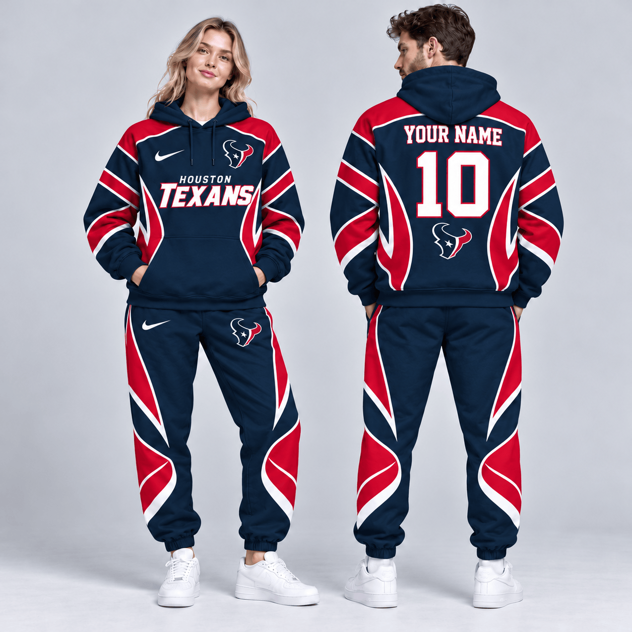 Houston Texans | Premium NFL Personalized Name Number Dynamic Flame Curve Colorblock Pullover Hoodie And Matching Jogger Pants Tracksuit Set NDN cover