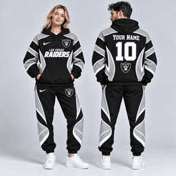 Las Vegas Raiders | Premium NFL Personalized Name Number Dynamic Flame Curve Colorblock Pullover Hoodie And Matching Jogger Pants Tracksuit Set NDN cover