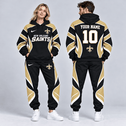 New Orleans Saints | Premium NFL Personalized Name Number Dynamic Flame Curve Colorblock Pullover Hoodie And Matching Jogger Pants Tracksuit Set NDN cover