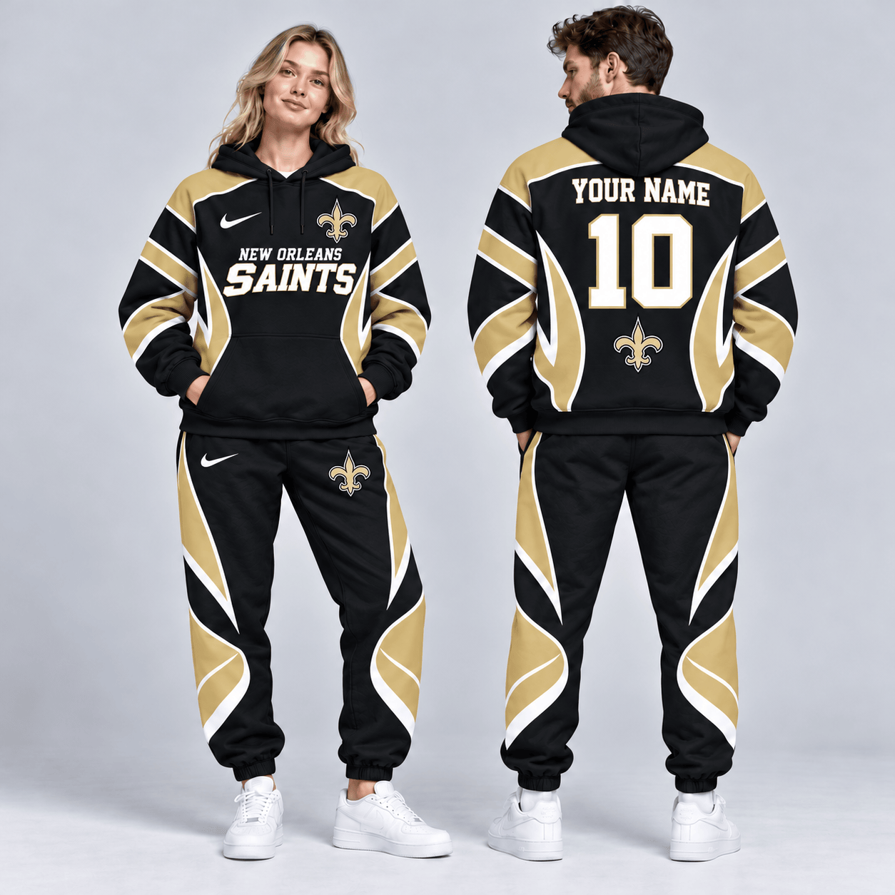 New Orleans Saints | Premium NFL Personalized Name Number Dynamic Flame Curve Colorblock Pullover Hoodie And Matching Jogger Pants Tracksuit Set NDN cover