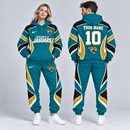 Jacksonville Jaguars | Premium NFL Personalized Name Number Dynamic Flame Curve Colorblock Pullover Hoodie And Matching Jogger Pants Tracksuit Set NDN cover
