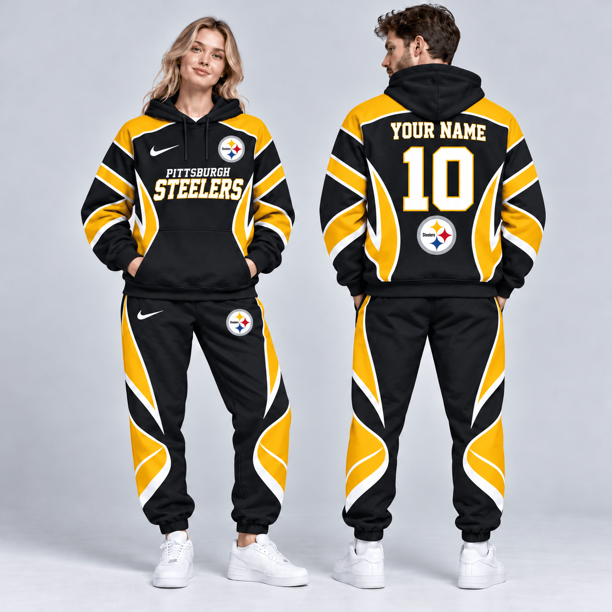 Pittsburgh Steelers | Premium NFL Personalized Name Number Dynamic Flame Curve Colorblock Pullover Hoodie And Matching Jogger Pants Tracksuit Set NDN cover