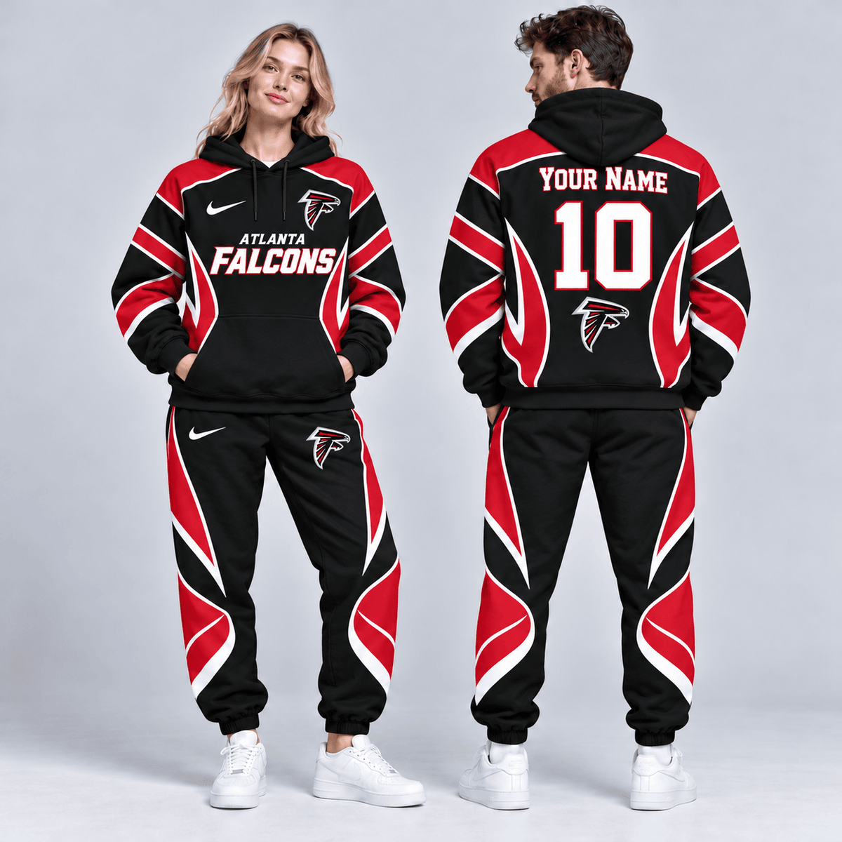 Atlanta Falcons | Premium NFL Personalized Name Number Dynamic Flame Curve Colorblock Pullover Hoodie And Matching Jogger Pants Tracksuit Set NDN cover