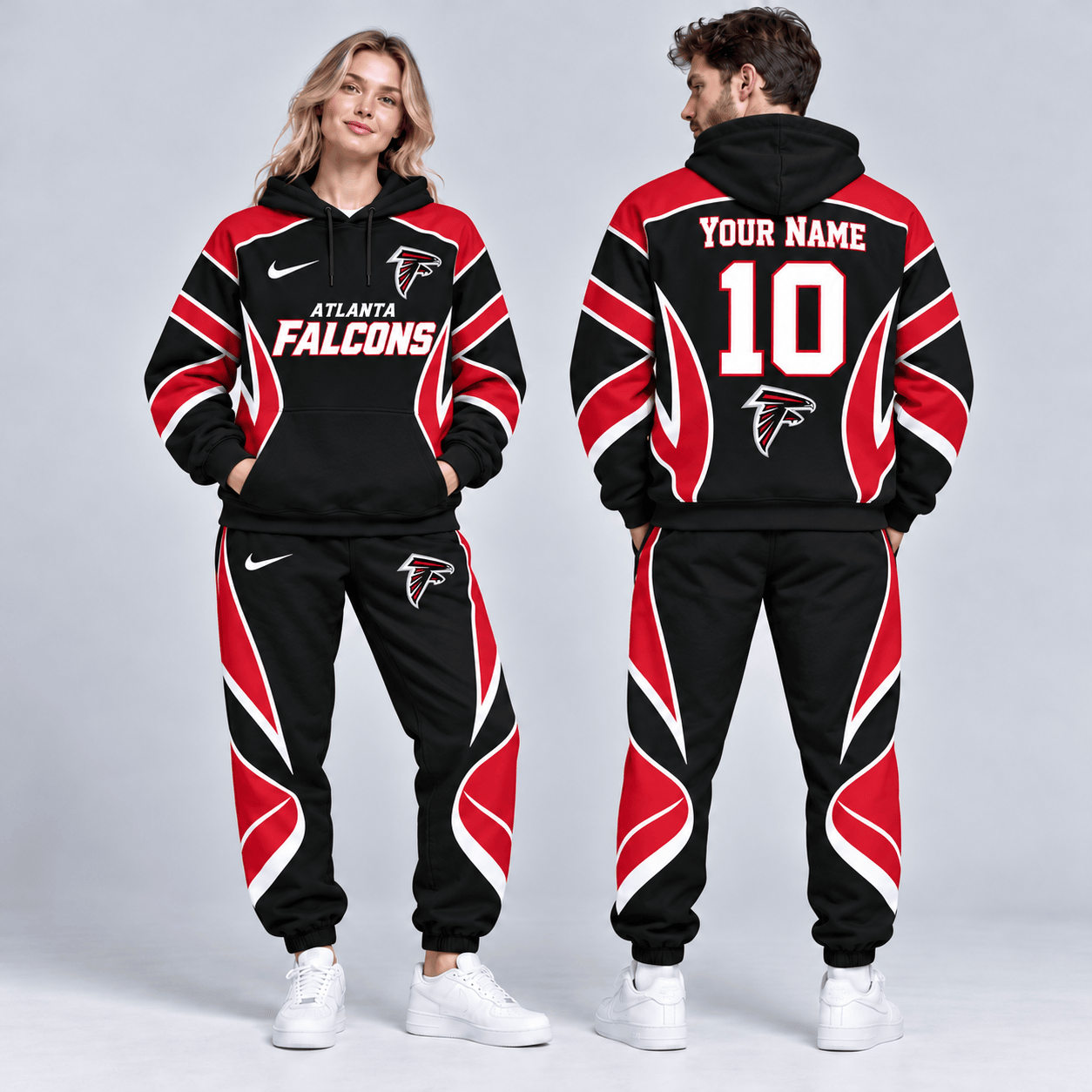 Atlanta Falcons | Premium NFL Personalized Name Number Dynamic Flame Curve Colorblock Pullover Hoodie And Matching Jogger Pants Tracksuit Set NDN cover