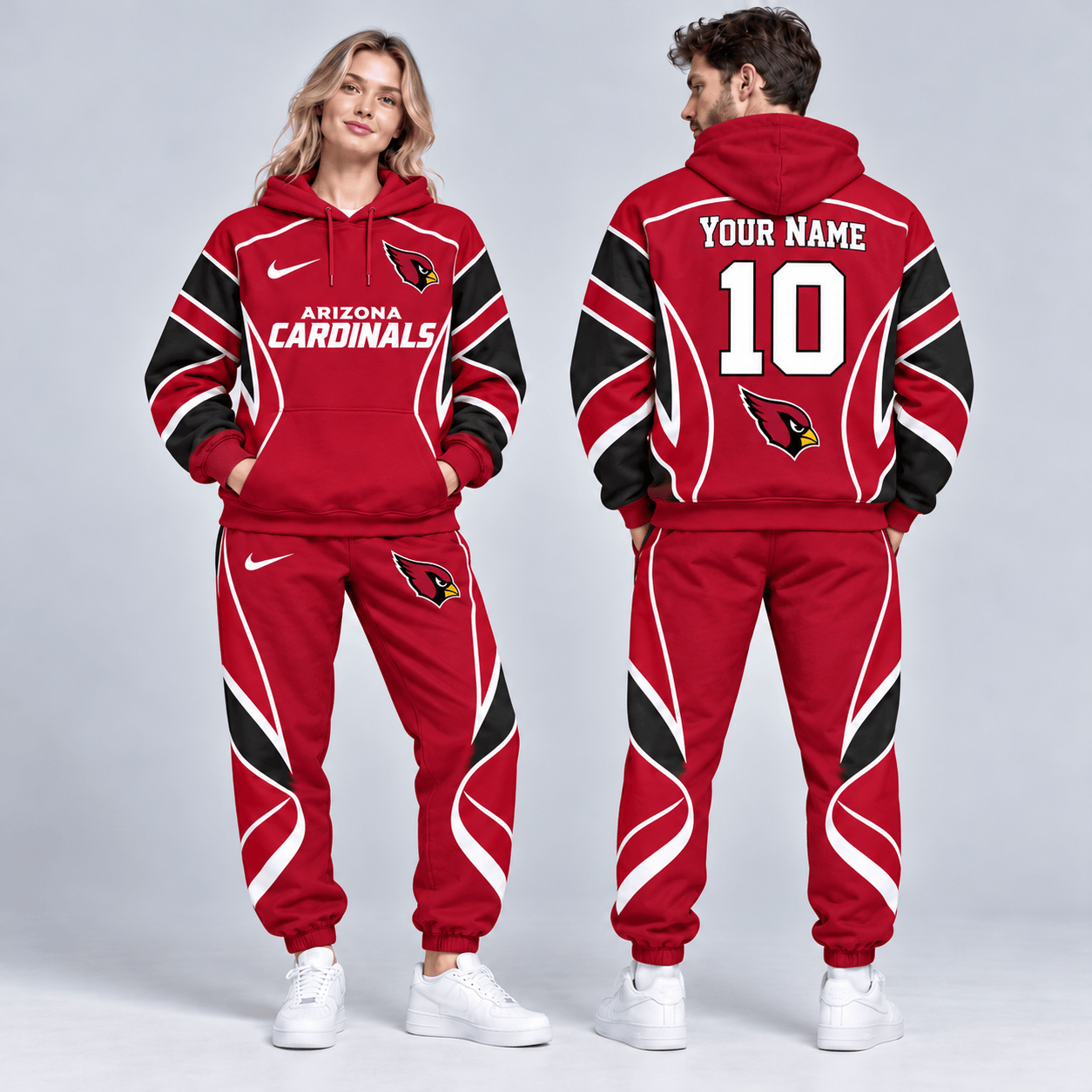 Arizona Cardinals | Premium NFL Personalized Name Number Dynamic Flame Curve Colorblock Pullover Hoodie And Matching Jogger Pants Tracksuit Set NDN cover