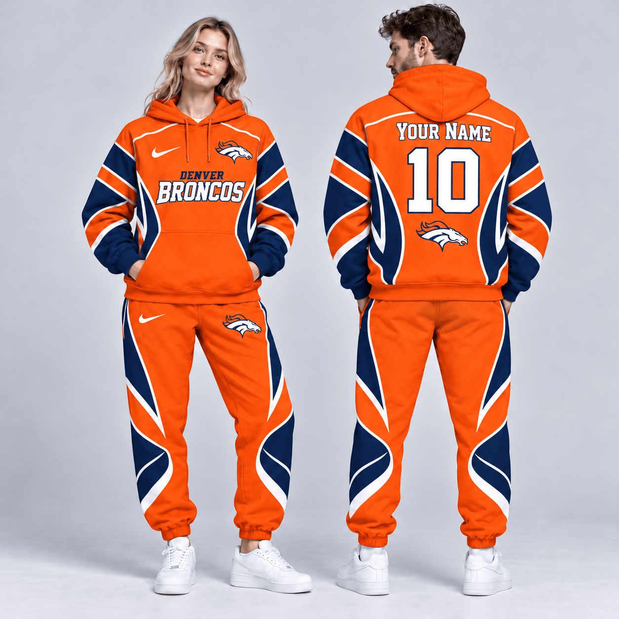 Denver Broncos | Premium NFL Personalized Name Number Dynamic Flame Curve Colorblock Pullover Hoodie And Matching Jogger Pants Tracksuit Set NDN cover
