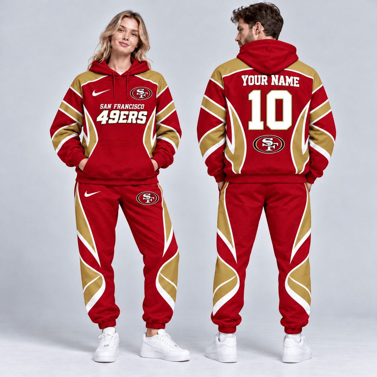 San Francisco 49ers | Premium NFL Personalized Name Number Dynamic Flame Curve Colorblock Pullover Hoodie And Matching Jogger Pants Tracksuit Set NDN cover