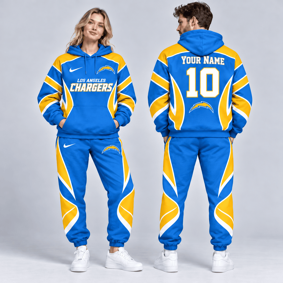 Los Angeles Chargers | Premium NFL Personalized Name Number Dynamic Flame Curve Colorblock Pullover Hoodie And Matching Jogger Pants Tracksuit Set NDN cover