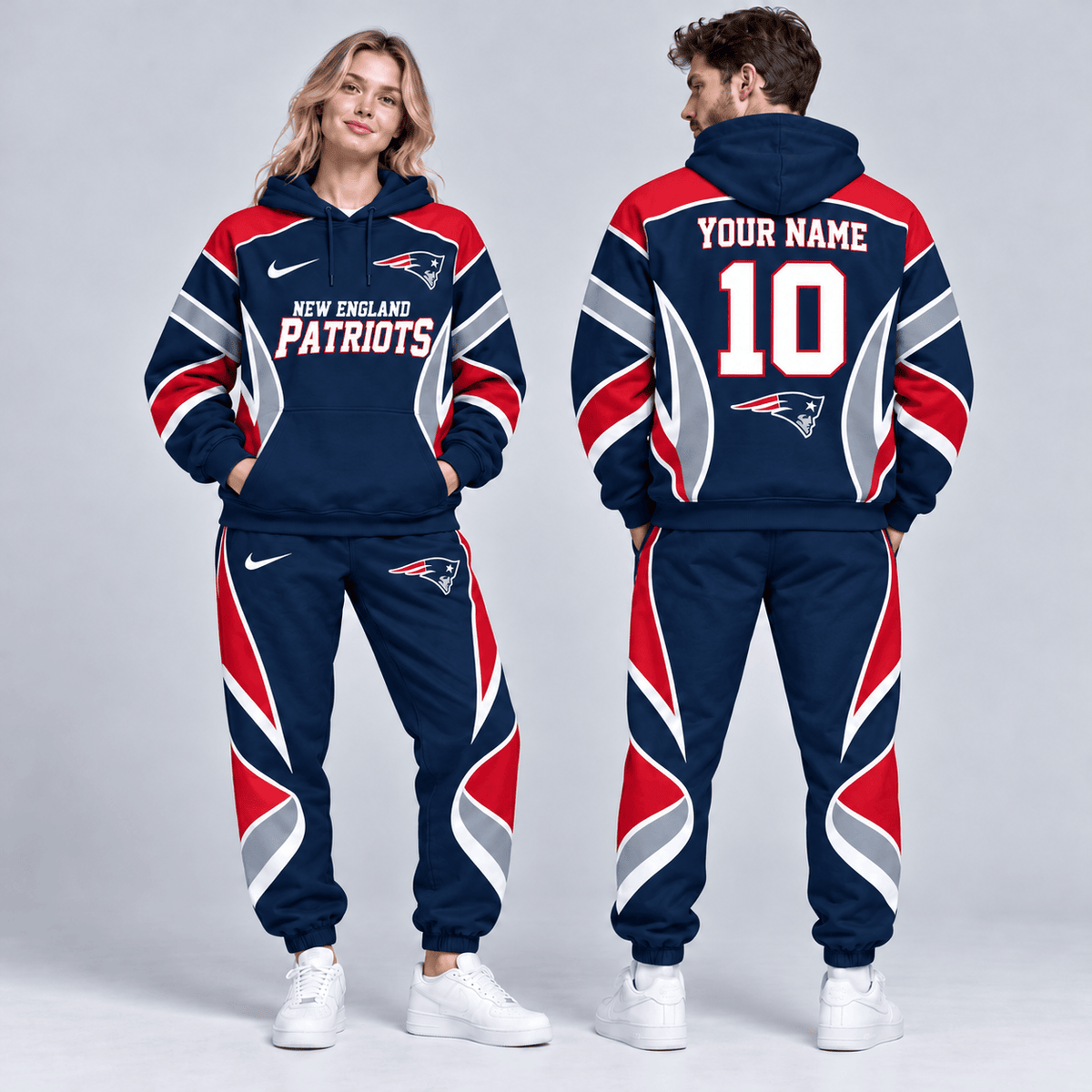 New England Patriots | Premium NFL Personalized Name Number Dynamic Flame Curve Colorblock Pullover Hoodie And Matching Jogger Pants Tracksuit Set NDN cover