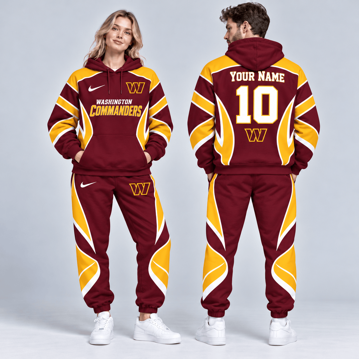 Washington Commanders | Premium NFL Personalized Name Number Dynamic Flame Curve Colorblock Pullover Hoodie And Matching Jogger Pants Tracksuit Set NDN cover