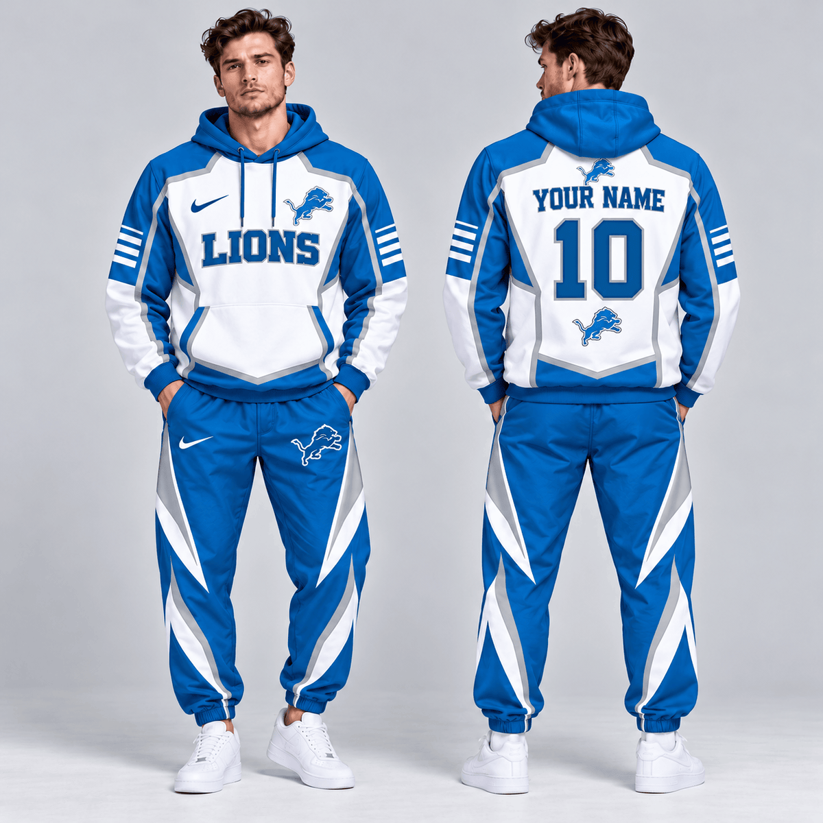 Detroit Lions | Premium NFL Personalized Name Number Shield Panel Colorblock Pullover Hoodie And Matching Athletic Jogger Pants Tracksuit Set NDN cover