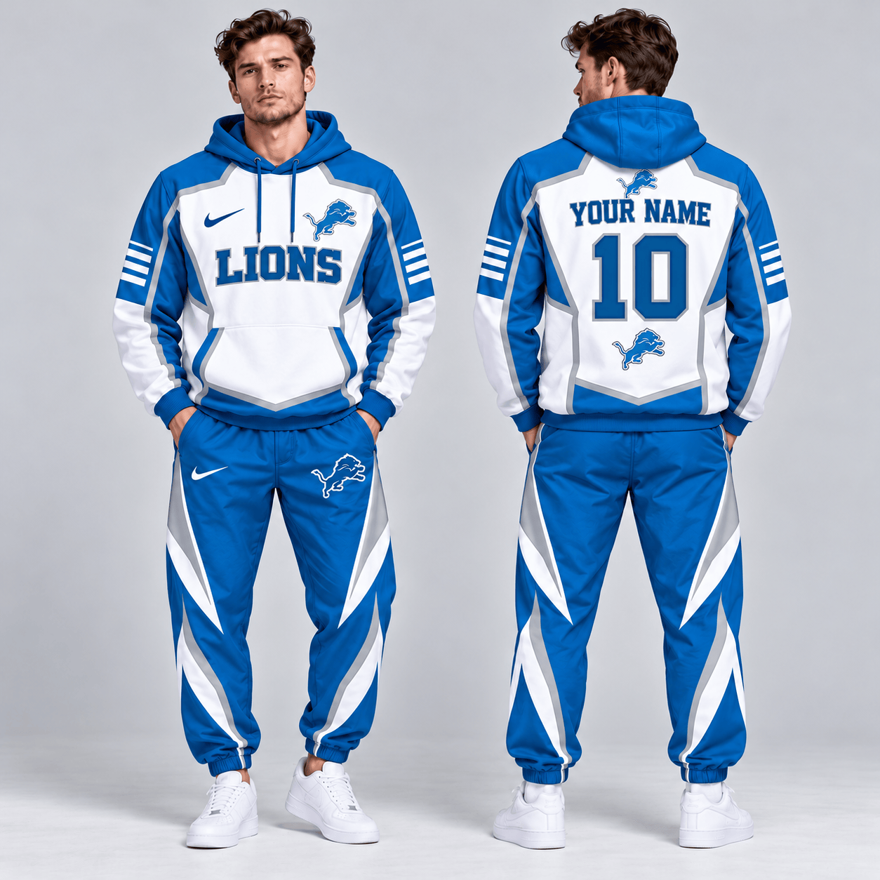 Detroit Lions | Premium NFL Personalized Name Number Shield Panel Colorblock Pullover Hoodie And Matching Athletic Jogger Pants Tracksuit Set NDN cover
