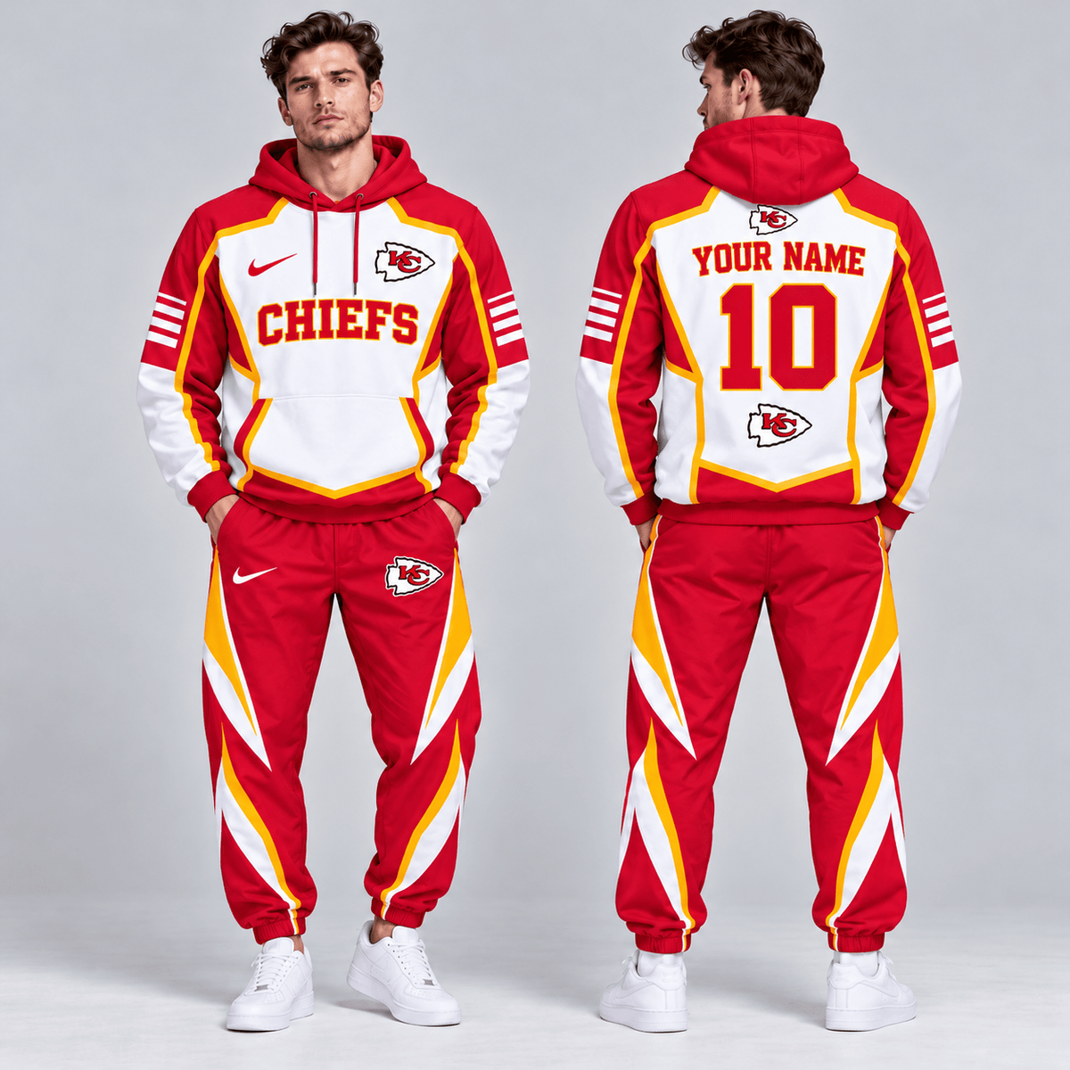 Kansas City Chiefs | Premium NFL Personalized Name Number Shield Panel Colorblock Pullover Hoodie And Matching Athletic Jogger Pants Tracksuit Set NDN cover