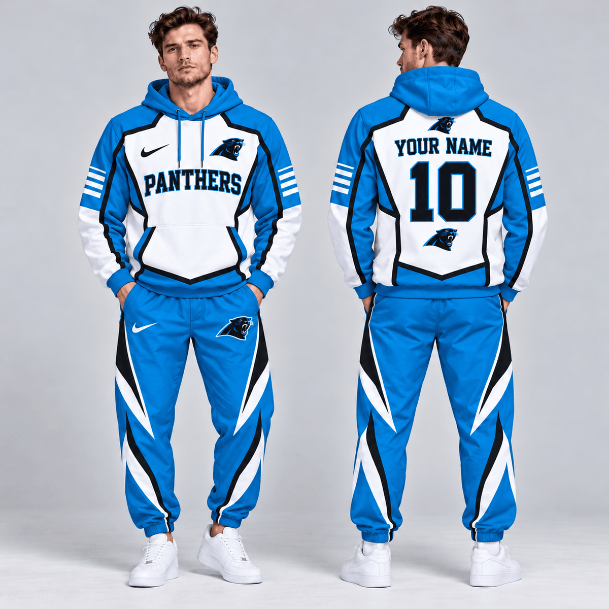 Carolina Panthers | Premium NFL Personalized Name Number Shield Panel Colorblock Pullover Hoodie And Matching Athletic Jogger Pants Tracksuit Set NDN cover