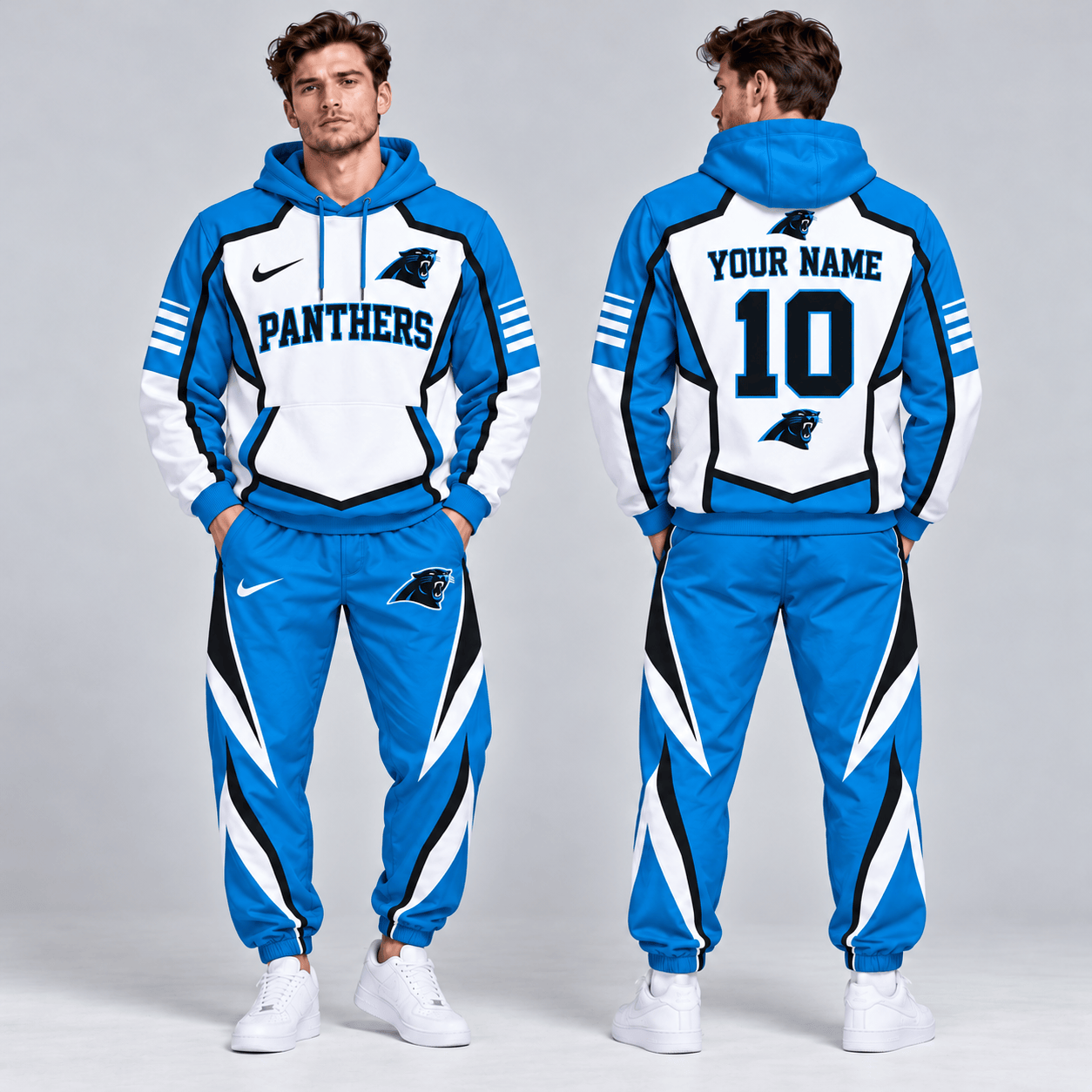 Carolina Panthers | Premium NFL Personalized Name Number Shield Panel Colorblock Pullover Hoodie And Matching Athletic Jogger Pants Tracksuit Set NDN cover