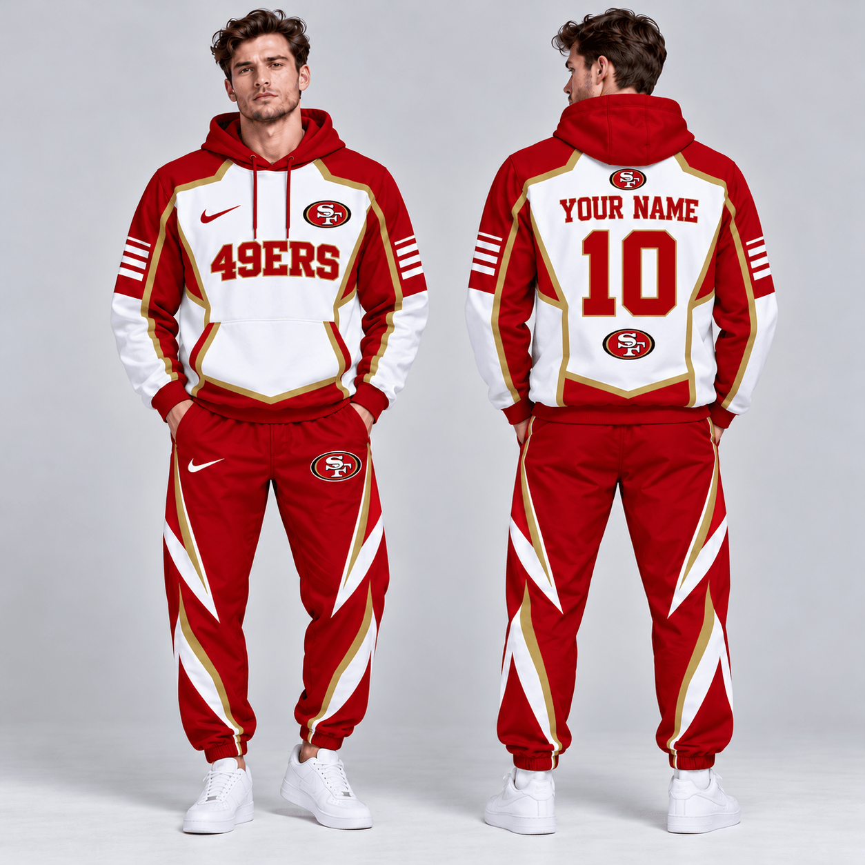 San Francisco 49ers | Premium NFL Personalized Name Number Shield Panel Colorblock Pullover Hoodie And Matching Athletic Jogger Pants Tracksuit Set NDN cover