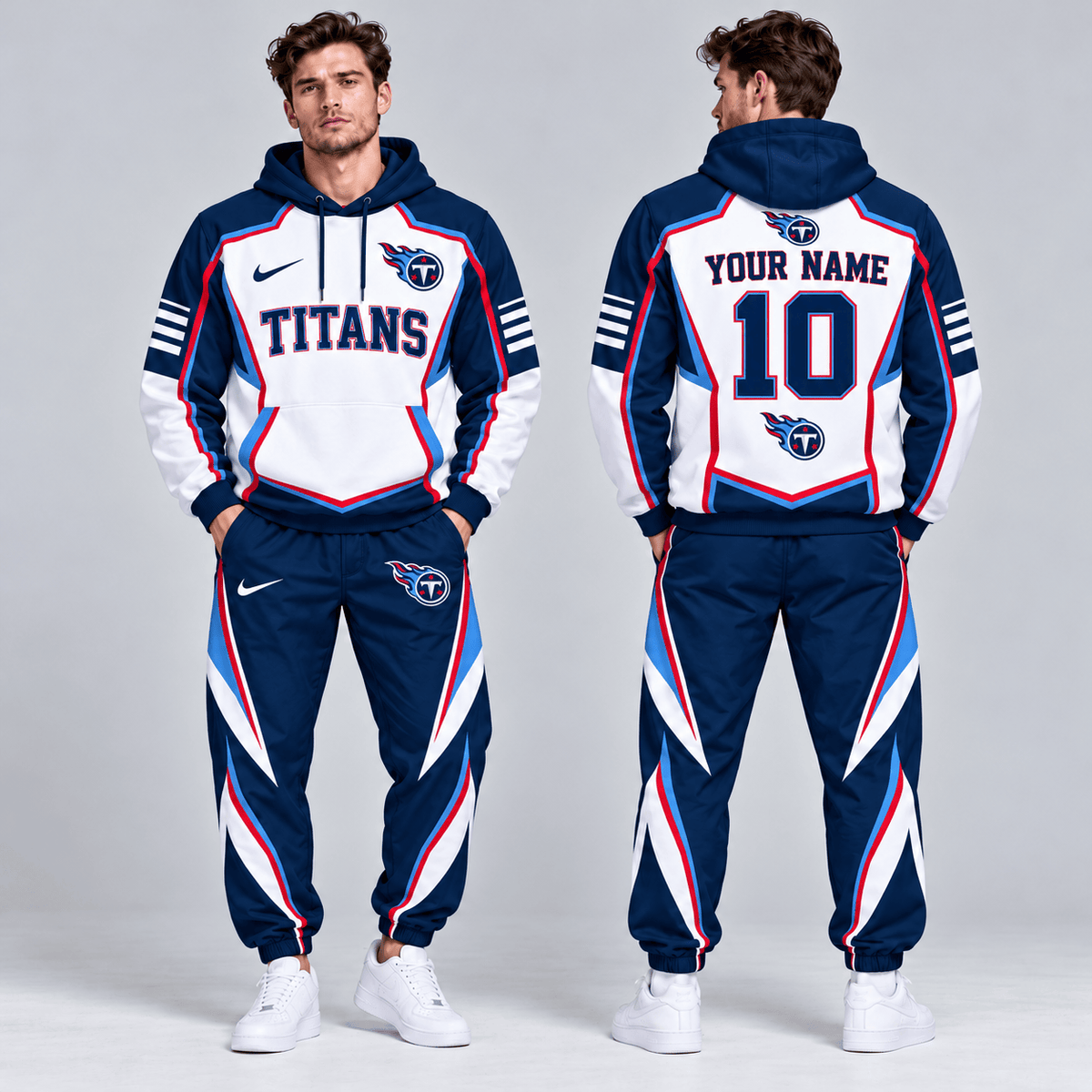 Tennessee Titans | Premium NFL Personalized Name Number Shield Panel Colorblock Pullover Hoodie And Matching Athletic Jogger Pants Tracksuit Set NDN cover