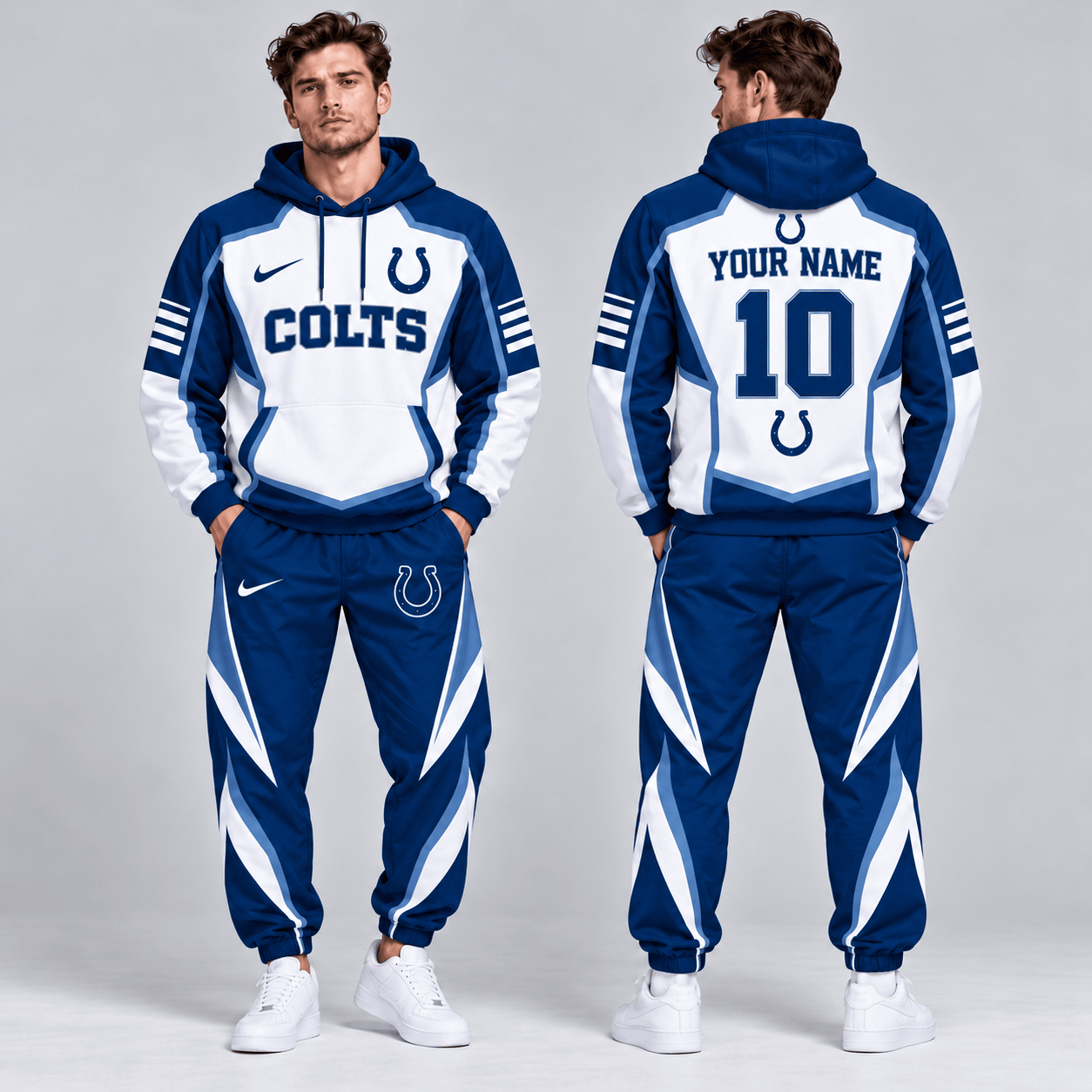 Indianapolis Colts | Premium NFL Personalized Name Number Shield Panel Colorblock Pullover Hoodie And Matching Athletic Jogger Pants Tracksuit Set NDN cover