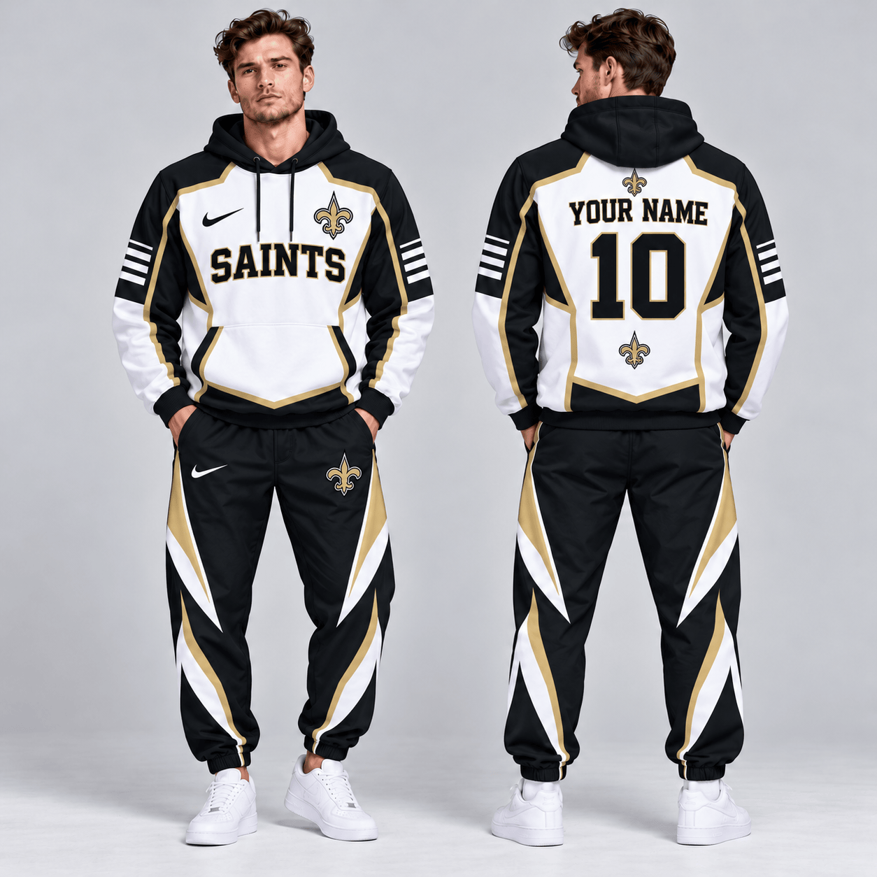 New Orleans Saints | Premium NFL Personalized Name Number Shield Panel Colorblock Pullover Hoodie And Matching Athletic Jogger Pants Tracksuit Set NDN cover
