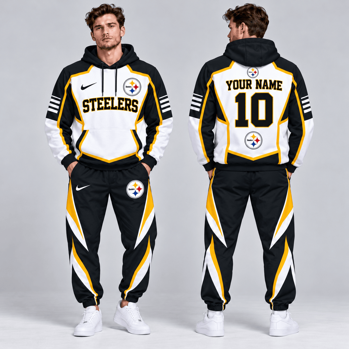 Pittsburgh Steelers | Premium NFL Personalized Name Number Shield Panel Colorblock Pullover Hoodie And Matching Athletic Jogger Pants Tracksuit Set NDN cover