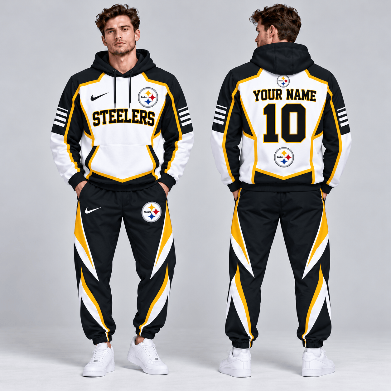 Pittsburgh Steelers | Premium NFL Personalized Name Number Shield Panel Colorblock Pullover Hoodie And Matching Athletic Jogger Pants Tracksuit Set NDN cover