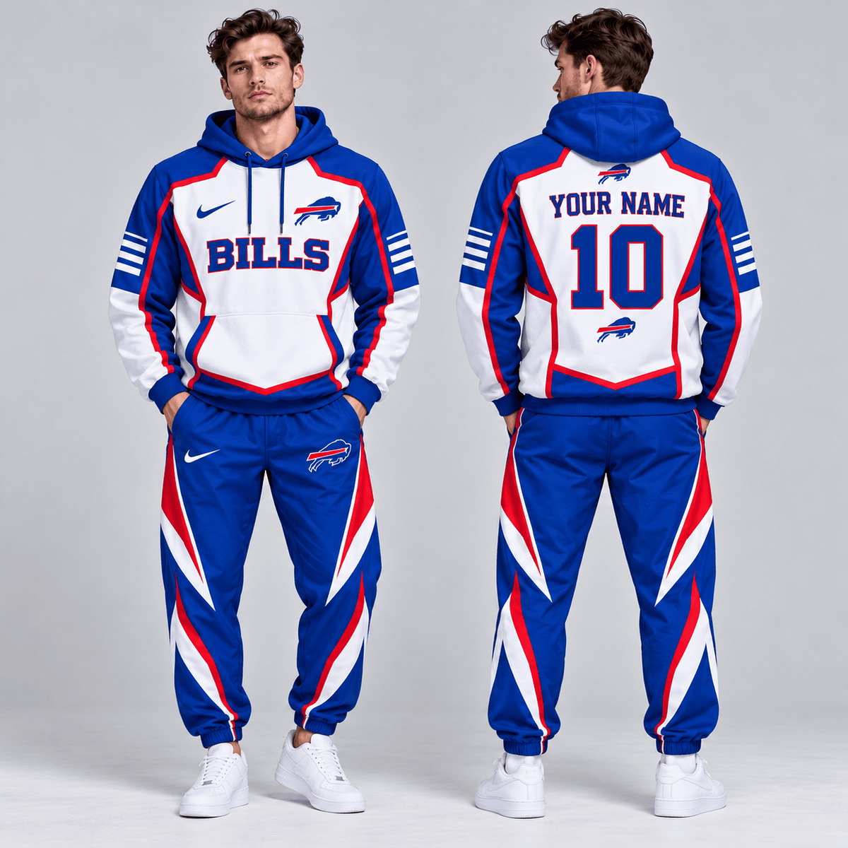 Buffalo Bills | Premium NFL Personalized Name Number Shield Panel Colorblock Pullover Hoodie And Matching Athletic Jogger Pants Tracksuit Set NDN cover