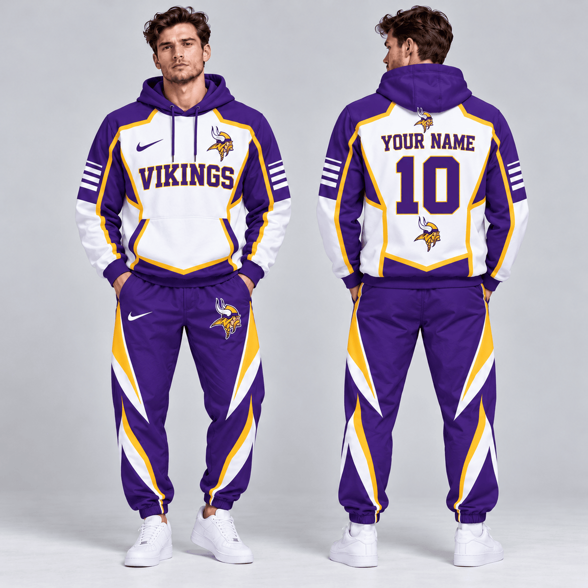 Minnesota Vikings | Premium NFL Personalized Name Number Shield Panel Colorblock Pullover Hoodie And Matching Athletic Jogger Pants Tracksuit Set NDN cover