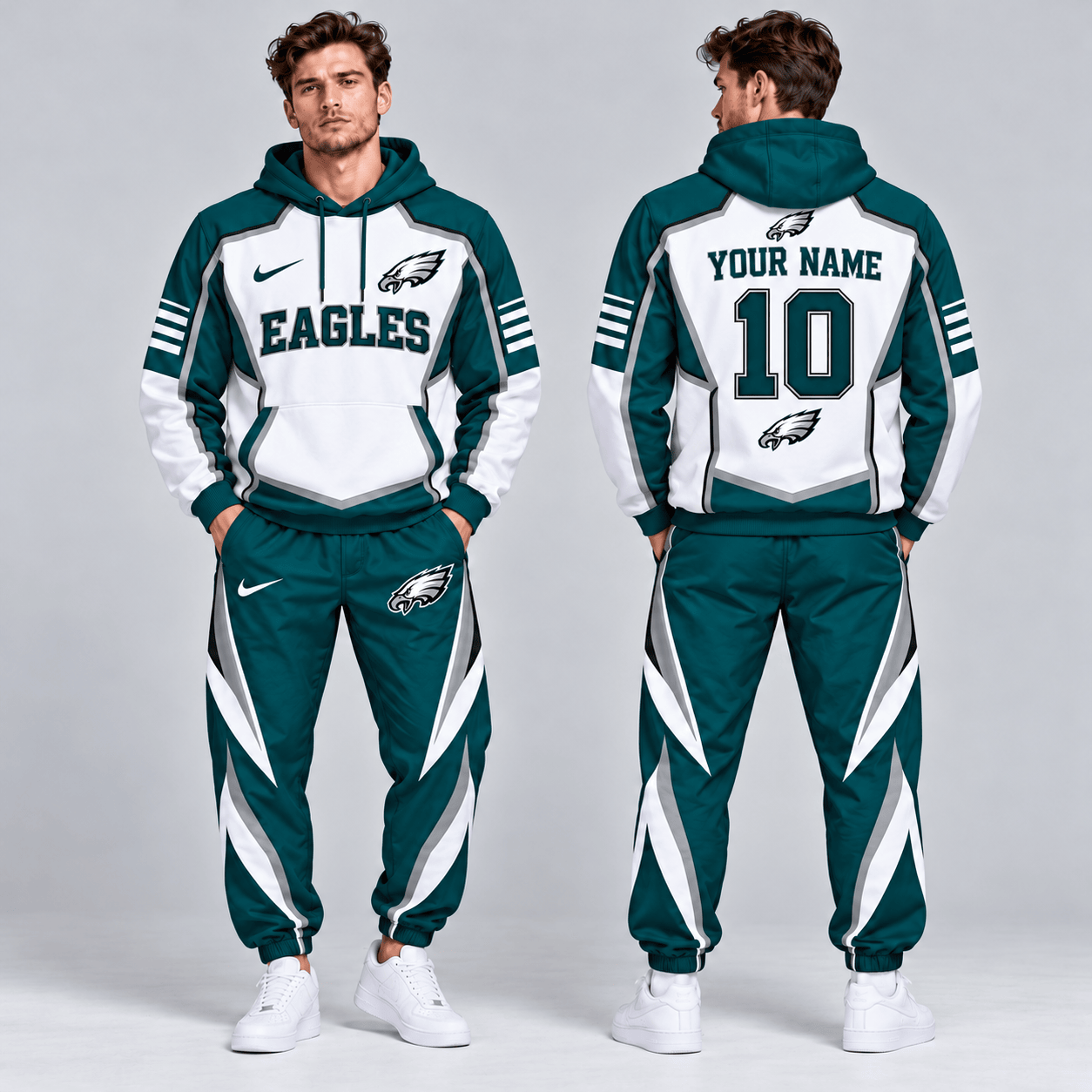 Philadelphia Eagles | Premium NFL Personalized Name Number Shield Panel Colorblock Pullover Hoodie And Matching Athletic Jogger Pants Tracksuit Set NDN cover