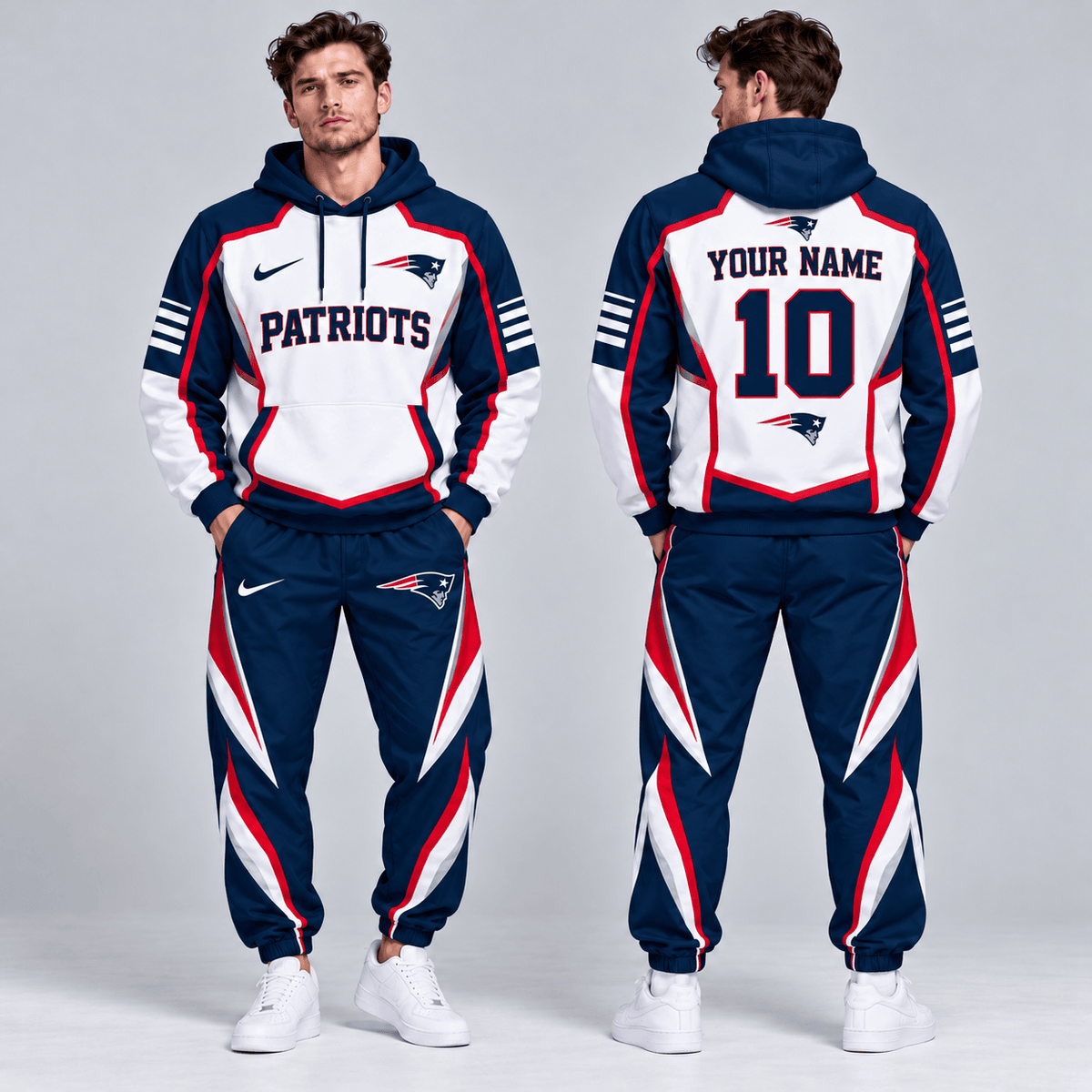 New England Patriots | Premium NFL Personalized Name Number Shield Panel Colorblock Pullover Hoodie And Matching Athletic Jogger Pants Tracksuit Set NDN cover