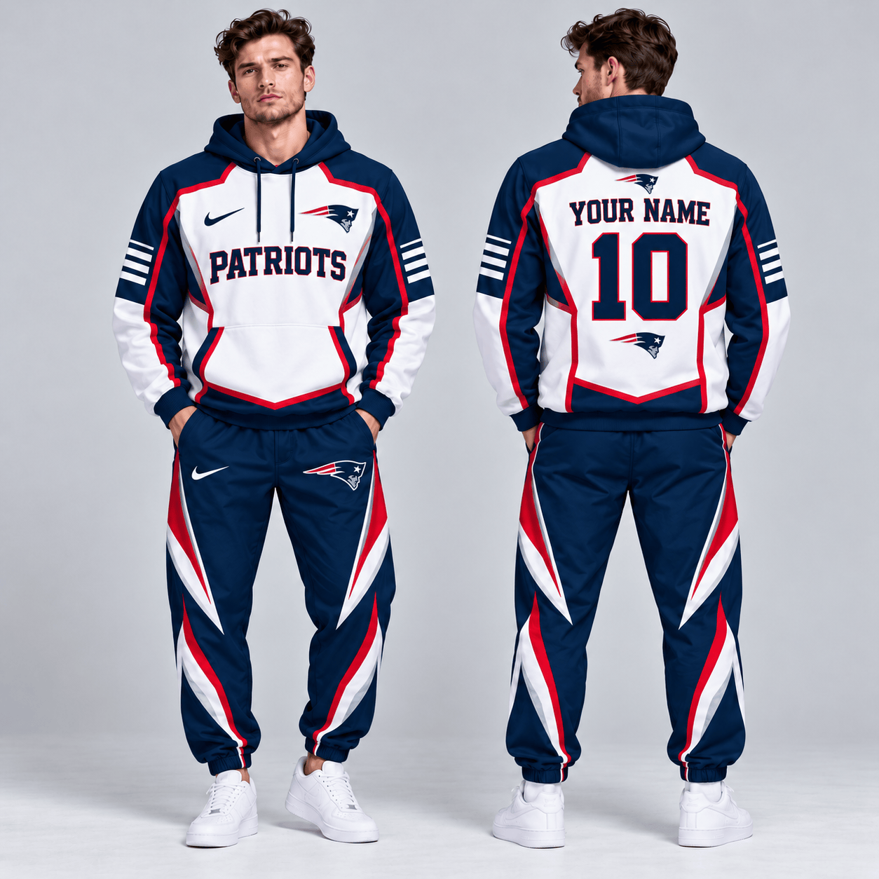 New England Patriots | Premium NFL Personalized Name Number Shield Panel Colorblock Pullover Hoodie And Matching Athletic Jogger Pants Tracksuit Set NDN cover