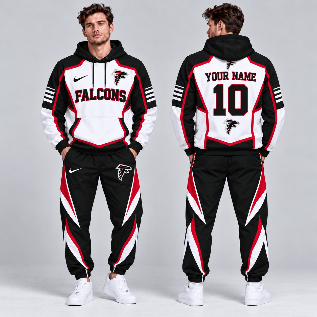 Atlanta Falcons | Premium NFL Personalized Name Number Shield Panel Colorblock Pullover Hoodie And Matching Athletic Jogger Pants Tracksuit Set NDN cover