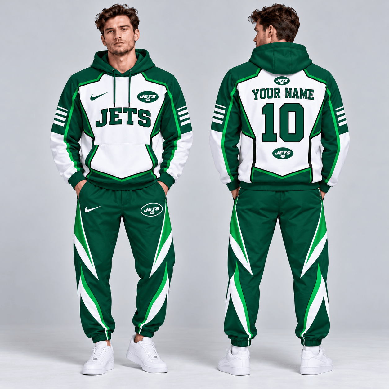 New York Jets | Premium NFL Personalized Name Number Shield Panel Colorblock Pullover Hoodie And Matching Athletic Jogger Pants Tracksuit Set NDN cover