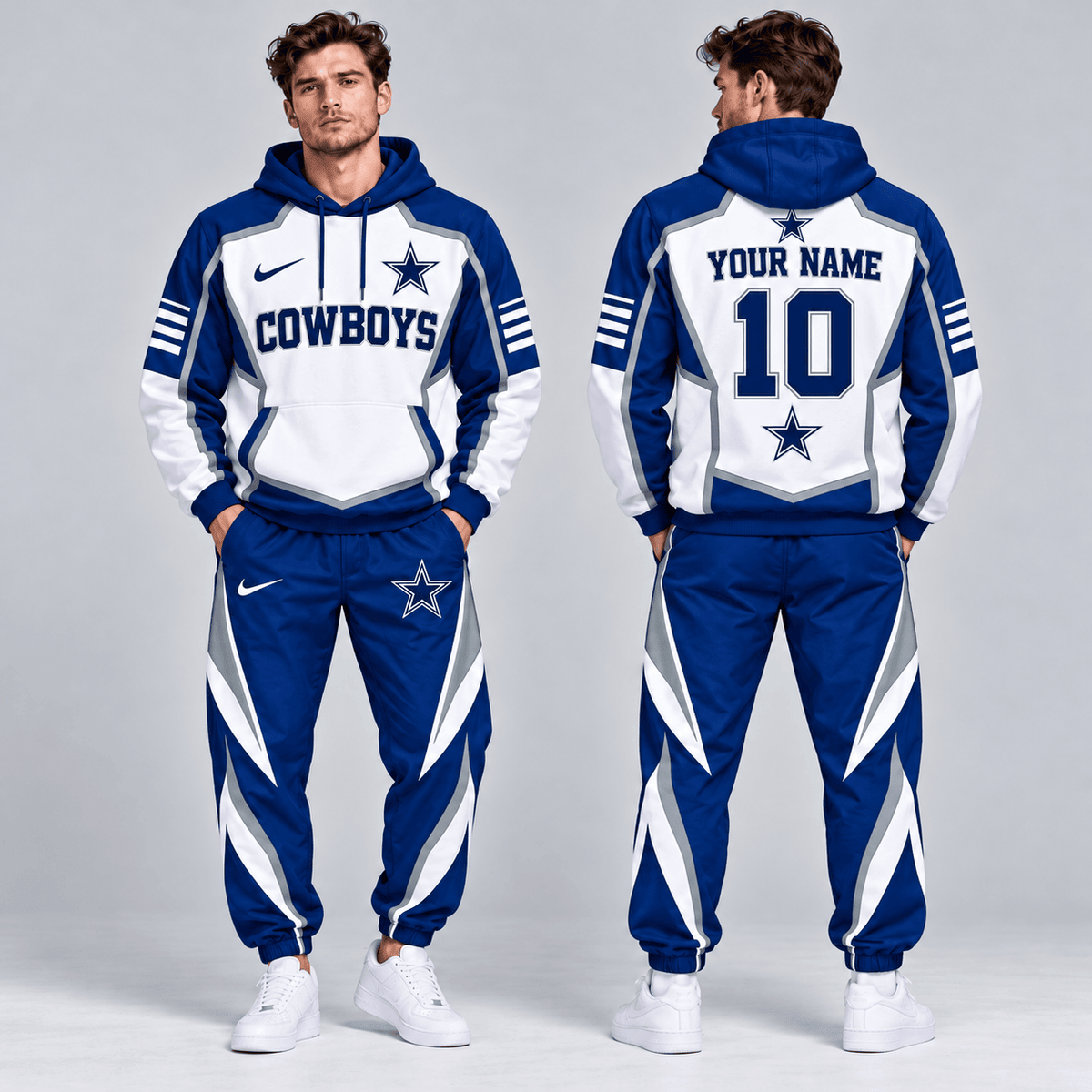 Dallas Cowboys | Premium NFL Personalized Name Number Shield Panel Colorblock Pullover Hoodie And Matching Athletic Jogger Pants Tracksuit Set NDN cover