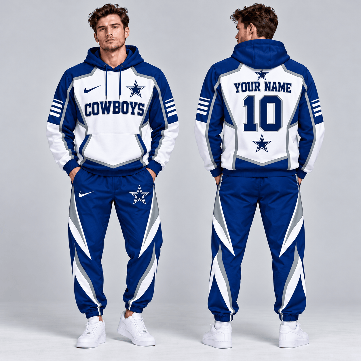 Dallas Cowboys | Premium NFL Personalized Name Number Shield Panel Colorblock Pullover Hoodie And Matching Athletic Jogger Pants Tracksuit Set NDN cover