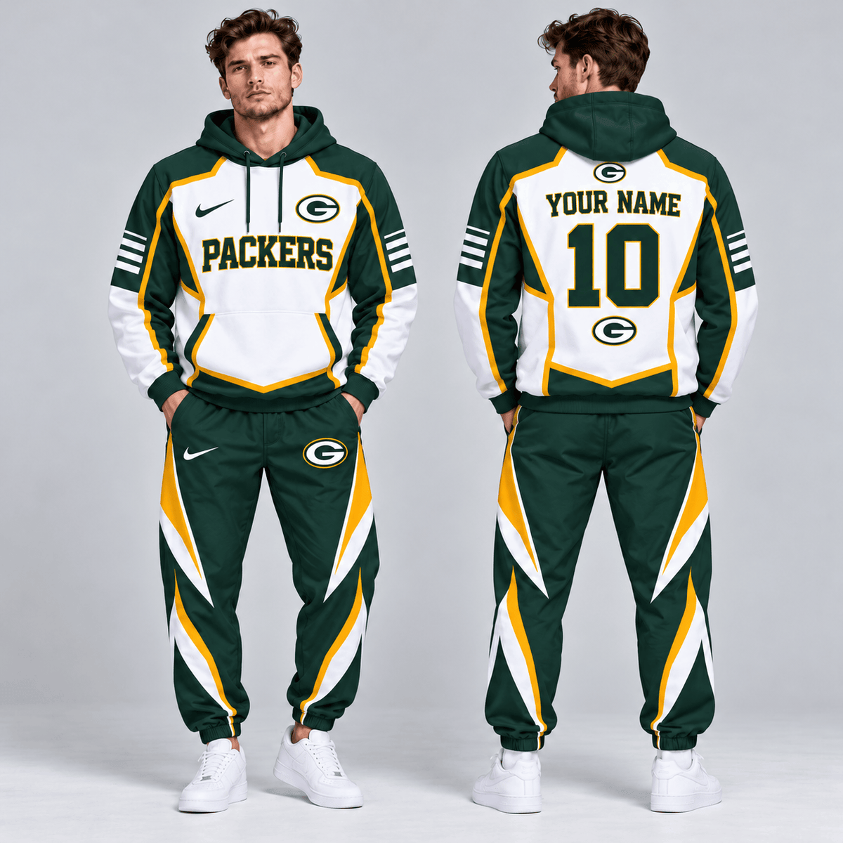 Green Bay Packers | Premium NFL Personalized Name Number Shield Panel Colorblock Pullover Hoodie And Matching Athletic Jogger Pants Tracksuit Set NDN cover