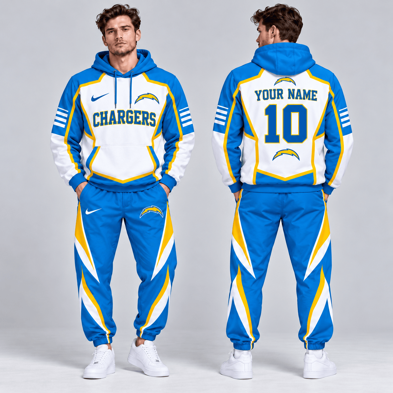 Los Angeles Chargers | Premium NFL Personalized Name Number Shield Panel Colorblock Pullover Hoodie And Matching Athletic Jogger Pants Tracksuit Set NDN cover