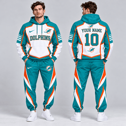 Miami Dolphins | Premium NFL Personalized Name Number Shield Panel Colorblock Pullover Hoodie And Matching Athletic Jogger Pants Tracksuit Set NDN cover