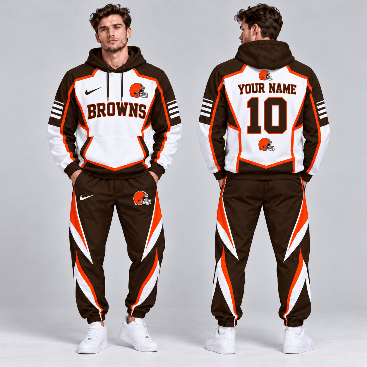 Cleveland Browns | Premium NFL Personalized Name Number Shield Panel Colorblock Pullover Hoodie And Matching Athletic Jogger Pants Tracksuit Set NDN cover
