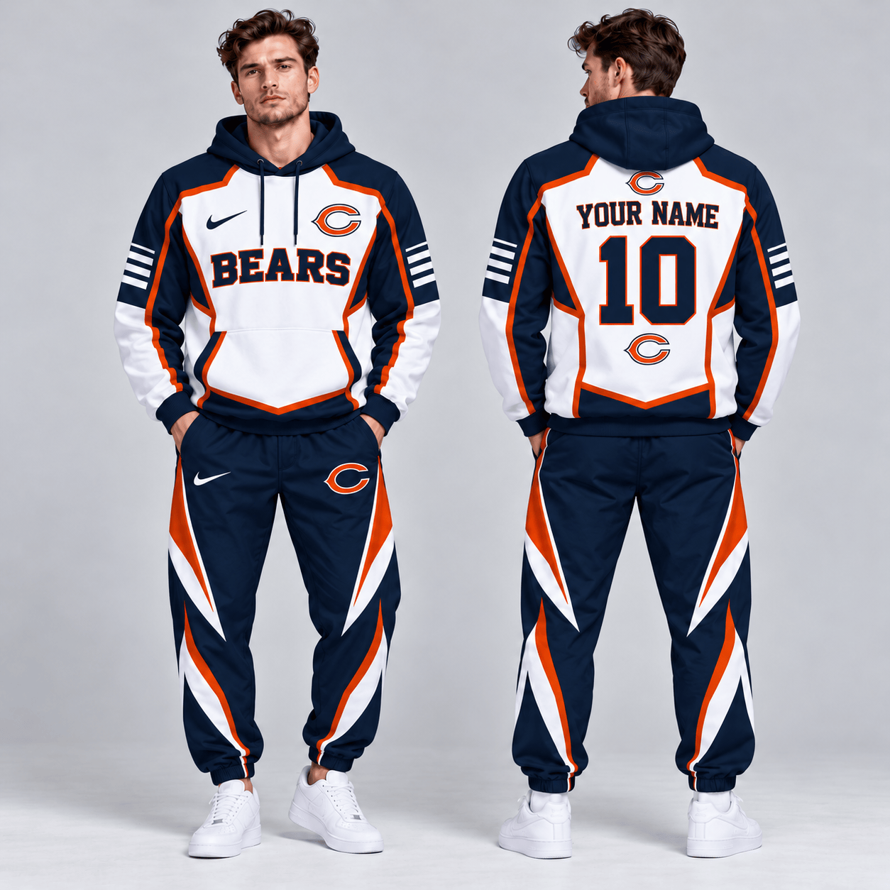 Chicago Bears | Premium NFL Personalized Name Number Shield Panel Colorblock Pullover Hoodie And Matching Athletic Jogger Pants Tracksuit Set NDN cover