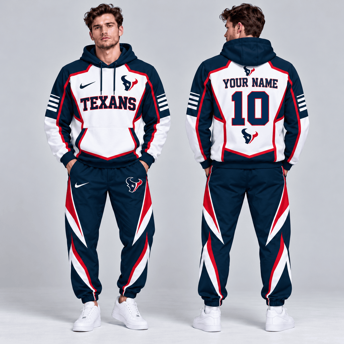 Houston Texans | Premium NFL Personalized Name Number Shield Panel Colorblock Pullover Hoodie And Matching Athletic Jogger Pants Tracksuit Set NDN cover