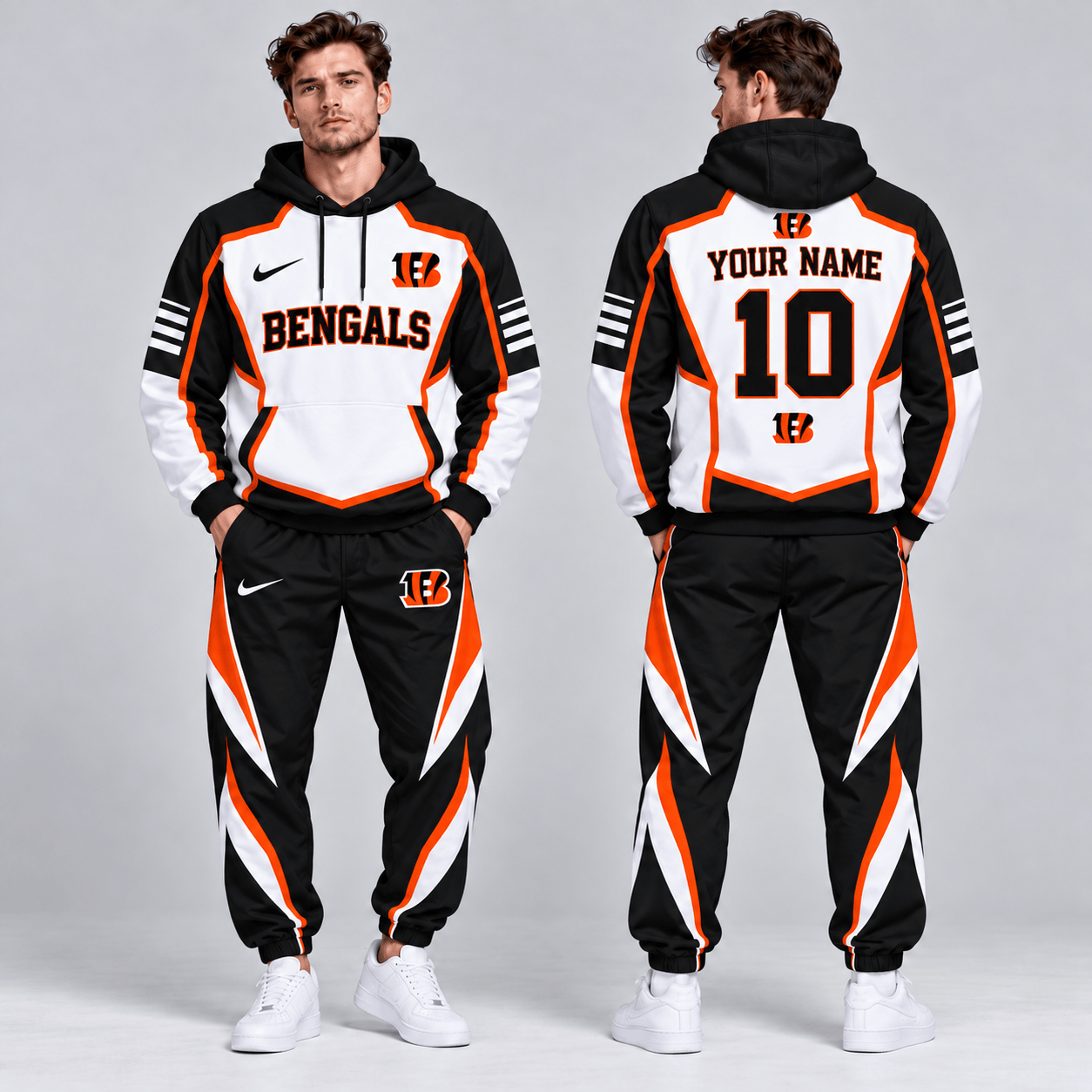 Cincinnati Bengals | Premium NFL Personalized Name Number Shield Panel Colorblock Pullover Hoodie And Matching Athletic Jogger Pants Tracksuit Set NDN cover
