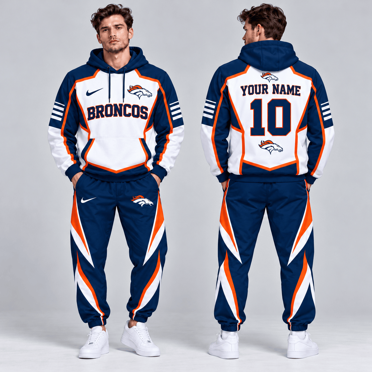 Denver Broncos | Premium NFL Personalized Name Number Shield Panel Colorblock Pullover Hoodie And Matching Athletic Jogger Pants Tracksuit Set NDN cover