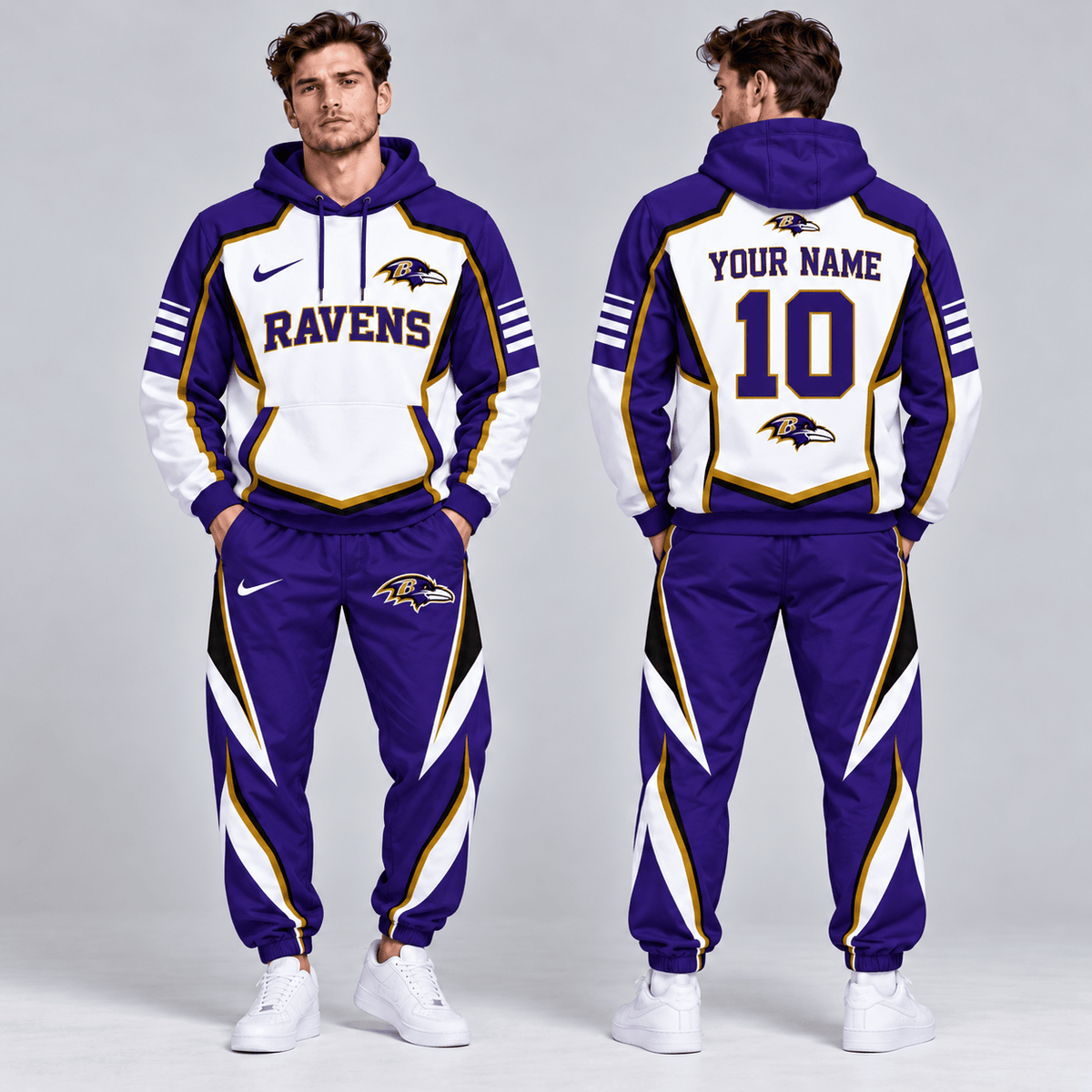 Baltimore Ravens | Premium NFL Personalized Name Number Shield Panel Colorblock Pullover Hoodie And Matching Athletic Jogger Pants Tracksuit Set NDN cover