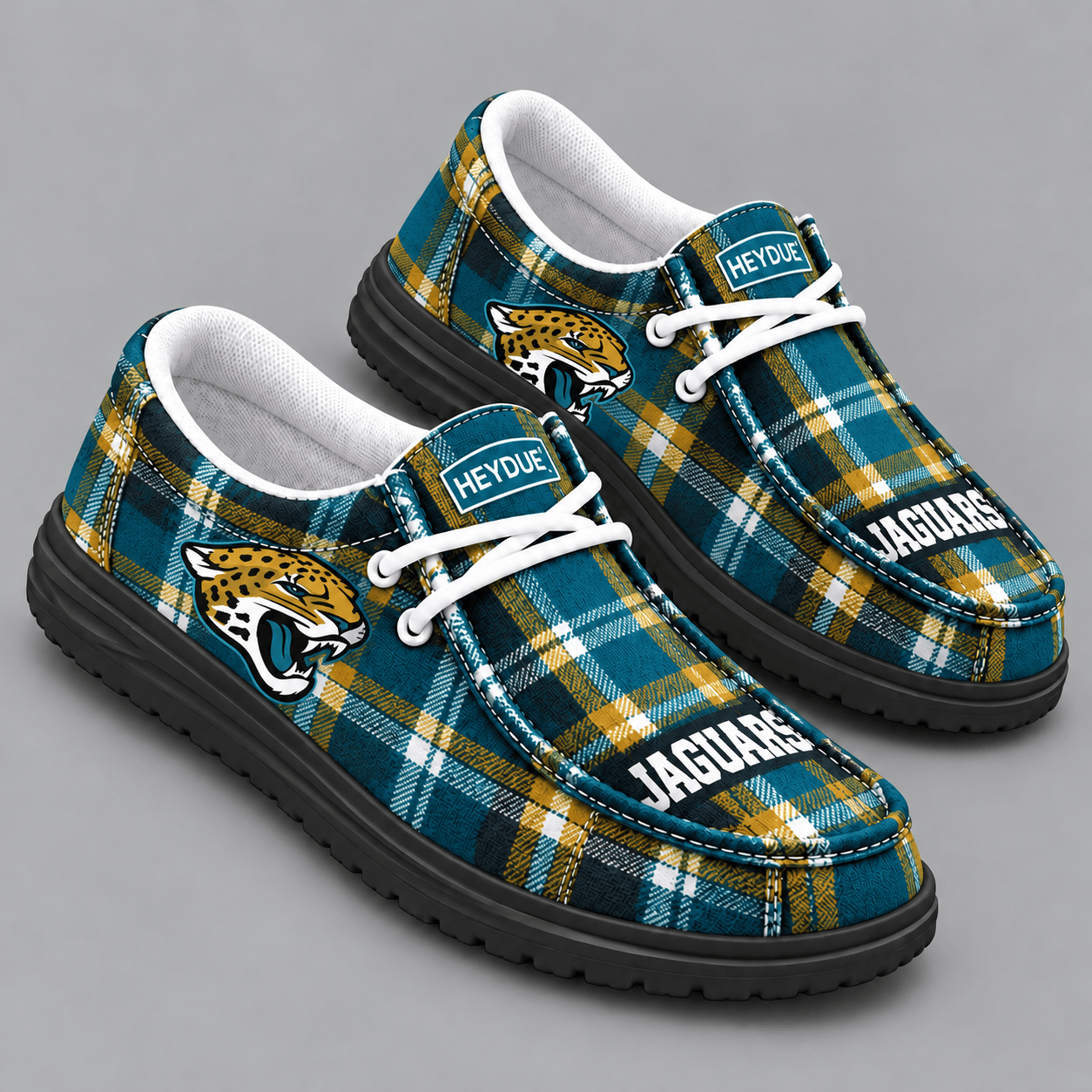 Jacksonville Jaguars | Premium NFL Classic Plaid Checkered HEYDUDE Casual Loafers With Team Logo And Lightweight Comfort Sole NDN cover