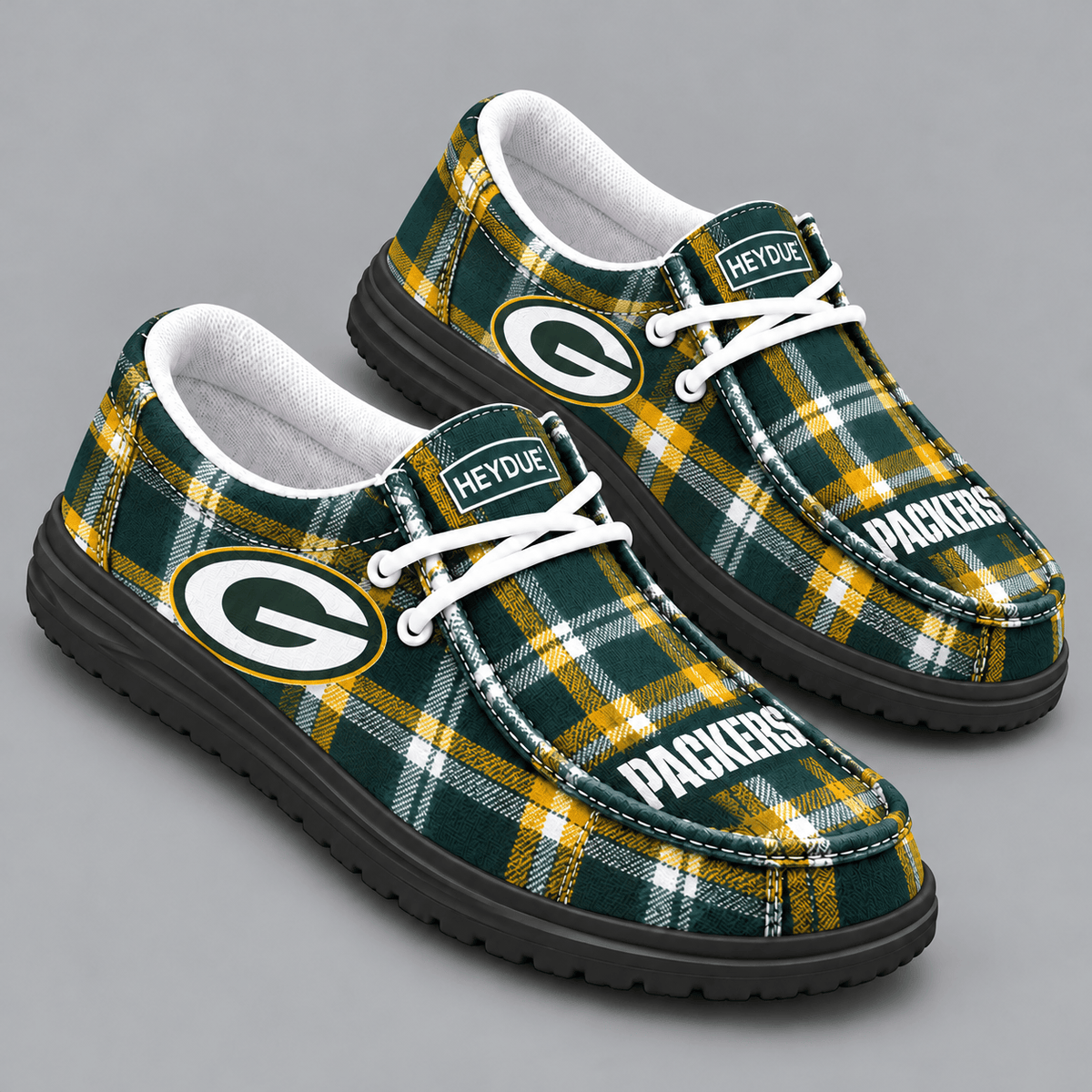 Green Bay Packers | Premium NFL Classic Plaid Checkered HEYDUDE Casual Loafers With Team Logo And Lightweight Comfort Sole NDN cover
