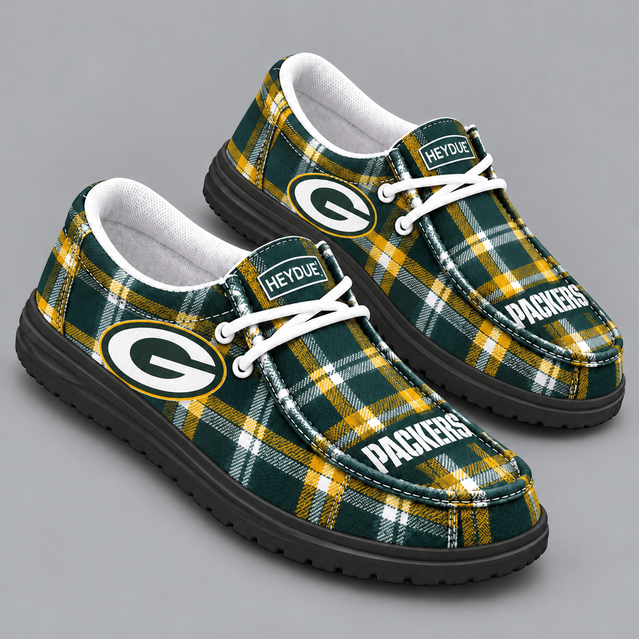 Green Bay Packers | Premium NFL Classic Plaid Checkered HEYDUDE Casual Loafers With Team Logo And Lightweight Comfort Sole NDN cover