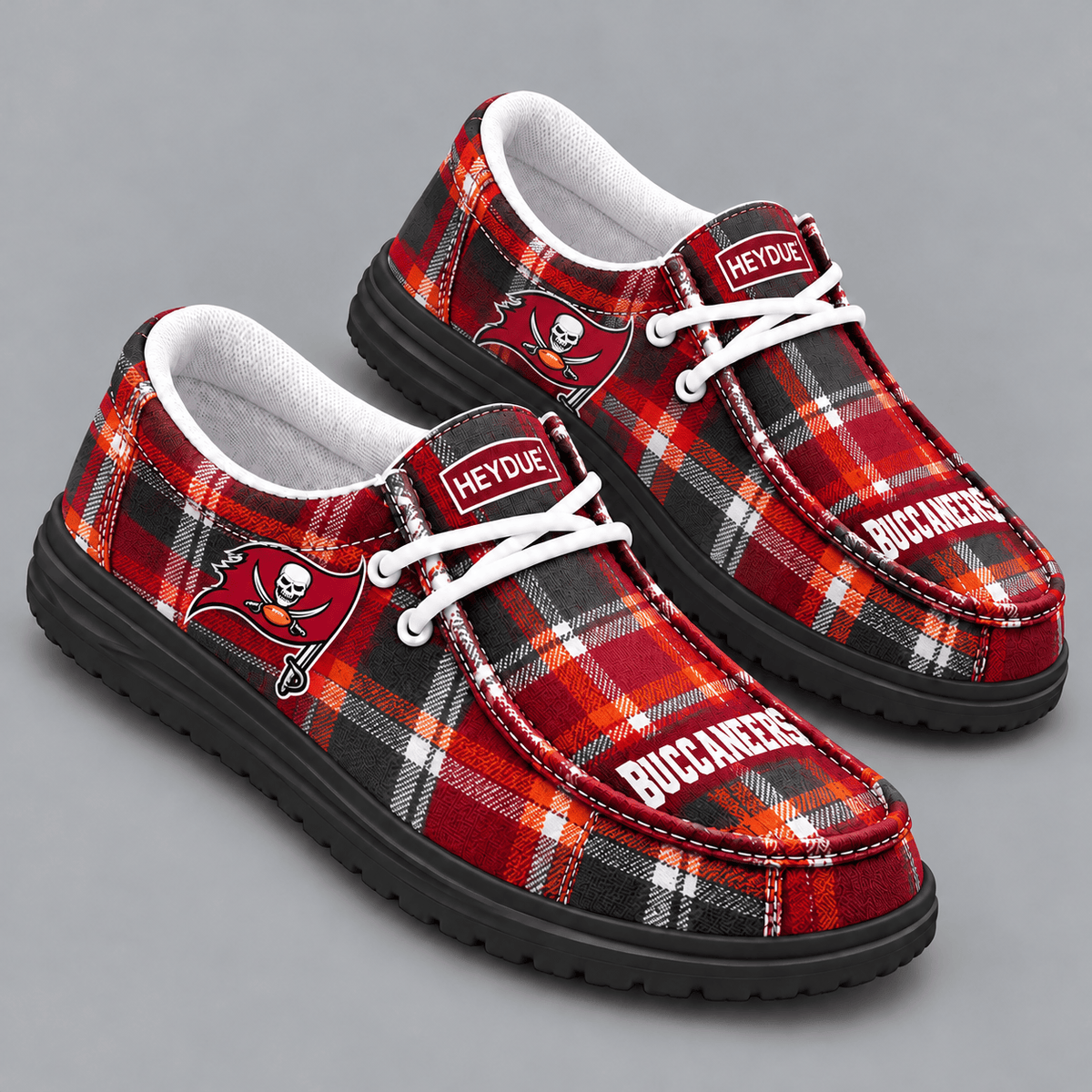 Tampa Bay Buccaneers | Premium NFL Classic Plaid Checkered HEYDUDE Casual Loafers With Team Logo And Lightweight Comfort Sole NDN cover