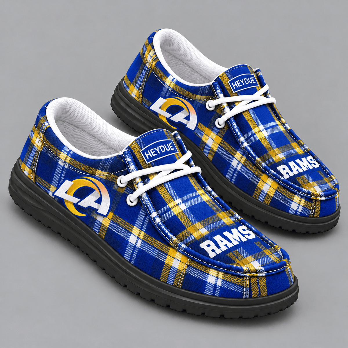 Los Angeles Rams | Premium NFL Classic Plaid Checkered HEYDUDE Casual Loafers With Team Logo And Lightweight Comfort Sole NDN cover